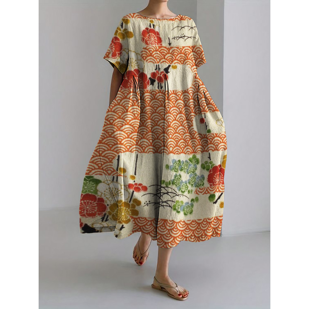 Cherry Blossom Sea Waves Japanese Pattern Linen Blend Maxi Dress
