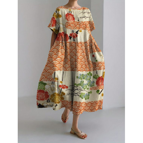 Cherry Blossom Sea Waves Japanese Pattern Linen Blend Maxi Dress