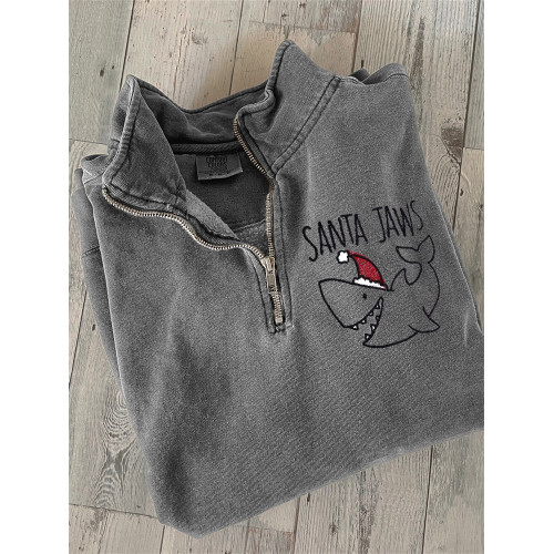 Christmas Shark Embroidery Art Zip Up Sweatshirt