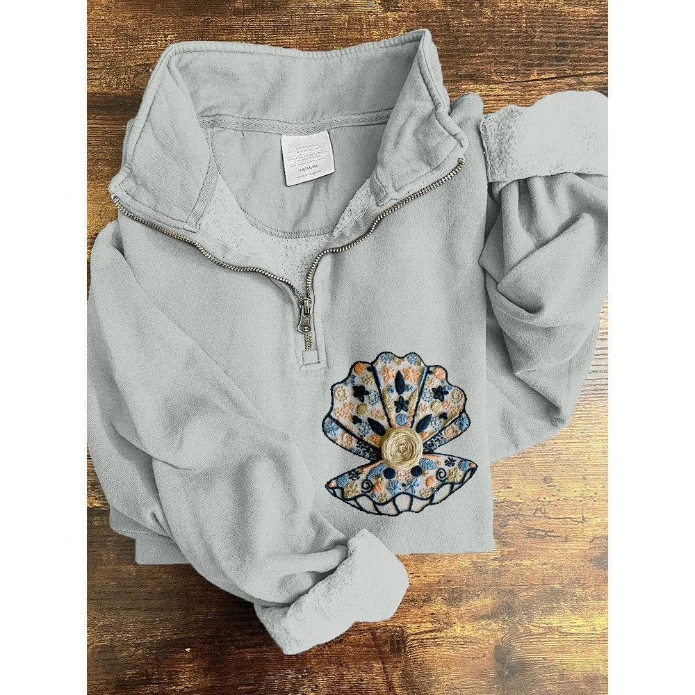 Clam and Pearl Embroidery Art Zip Up Comfy Sweatshirt