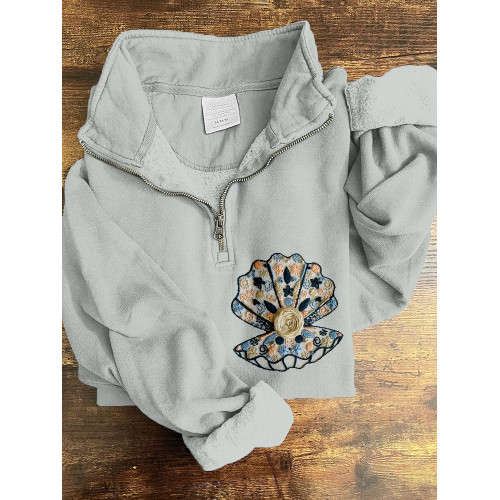 Clam and Pearl Embroidery Art Zip Up Comfy Sweatshirt