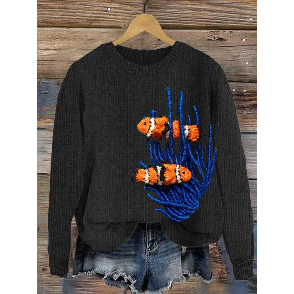 Clown Fish Embroidery Cozy Knit Sweater