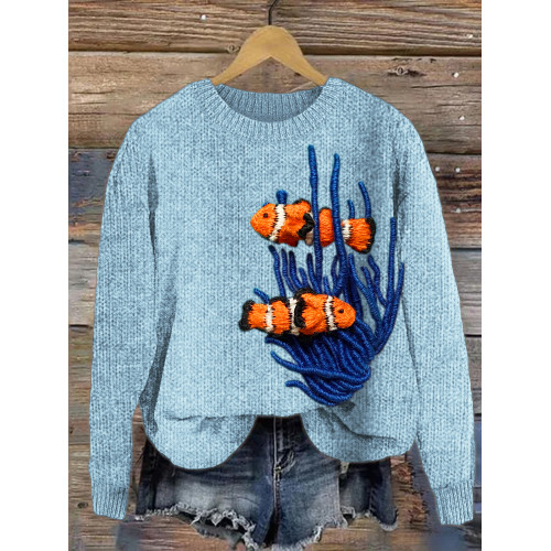 Clown Fish Embroidery Cozy Knit Sweater