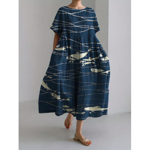 Cluster of Fish Sea Waves Japanese Lino Art Linen Blend Maxi Dress