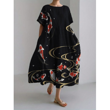 Colorful Carp Cherry Blossom Japanese Linen Blend Maxi Dress