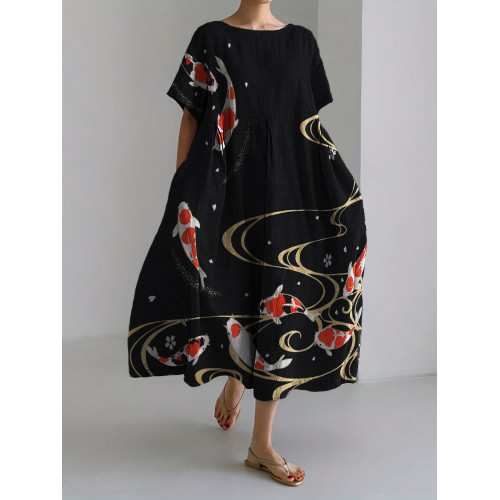 Colorful Carp Cherry Blossom Japanese Linen Blend Maxi Dress