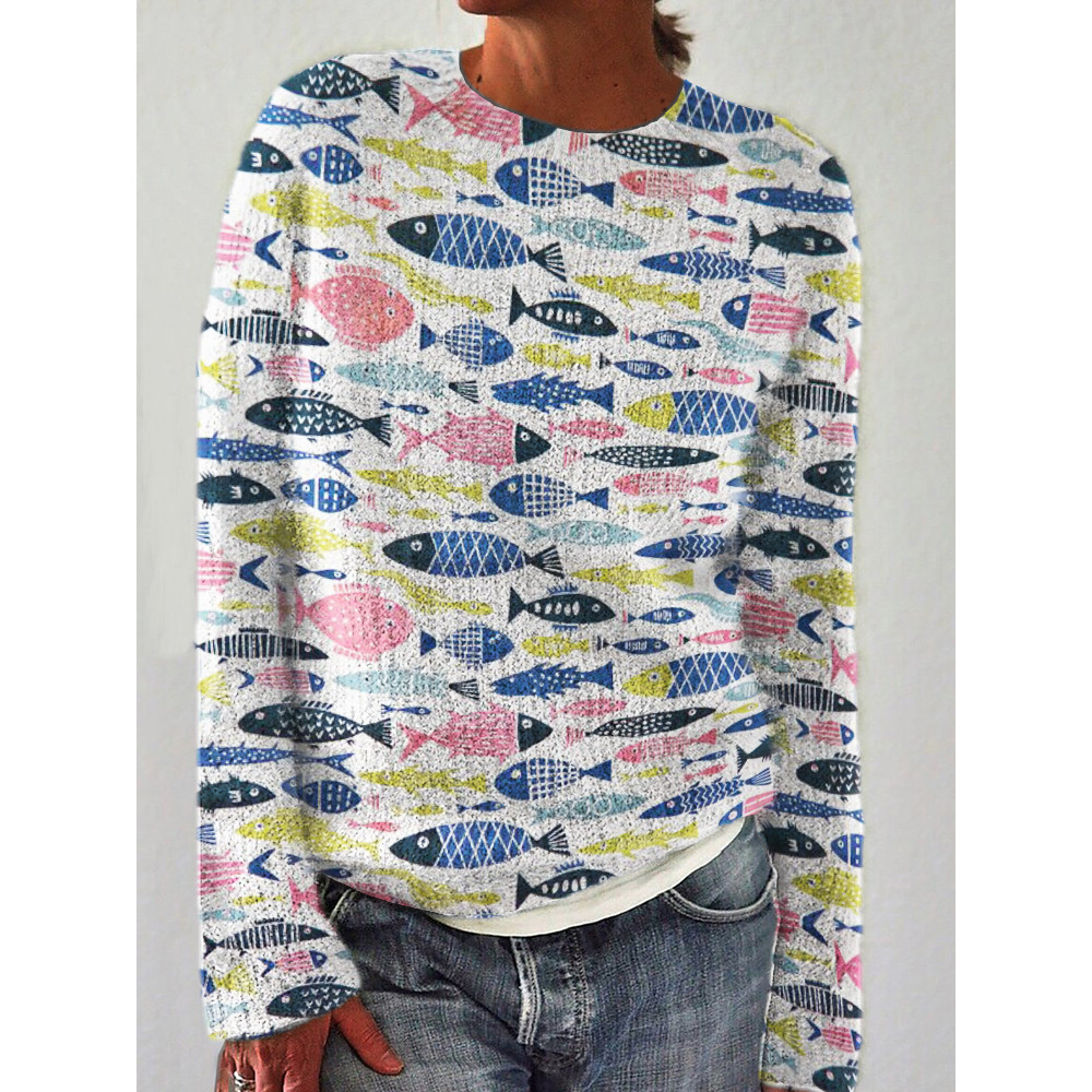 Colorful Fish Pattern Cozy Knit Sweater