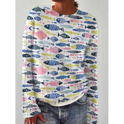 Colorful Fish Pattern Cozy Knit Sweater