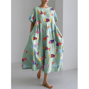 Colorful Fish Pattern Linen Blend Dress