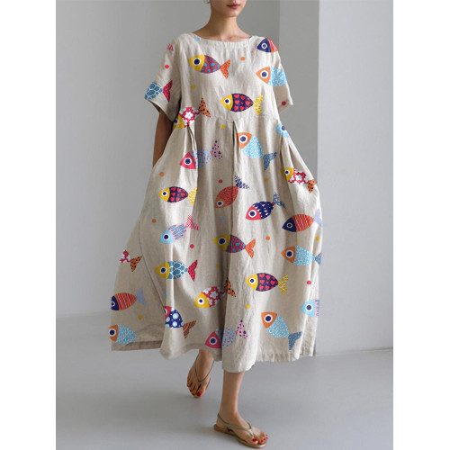Colorful Fish Pattern Linen Blend Dress