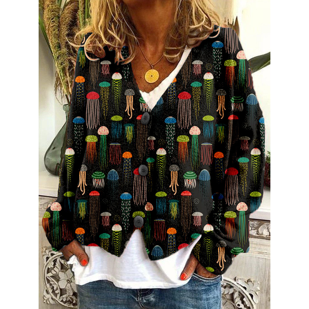 Colorful Jellyfish Art Graphic Cozy Button Cardigan