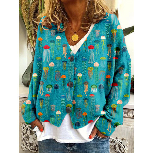Colorful Jellyfish Art Graphic Cozy Button Cardigan