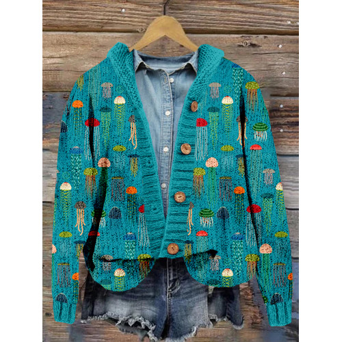 Colorful Jellyfish Art Graphic Cozy Hooded Cardigan