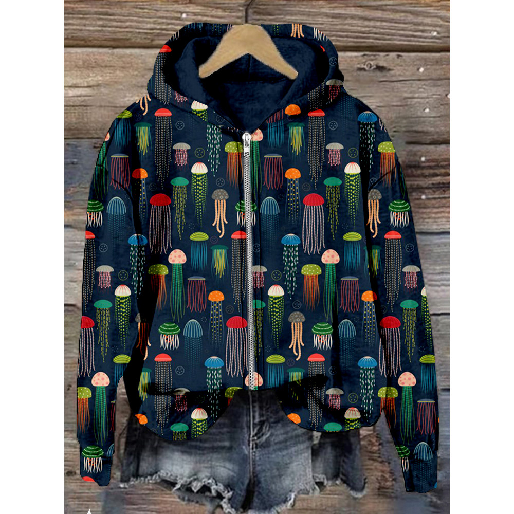 Colorful Jellyfish Art Graphic Cozy Zip Up Hoodie