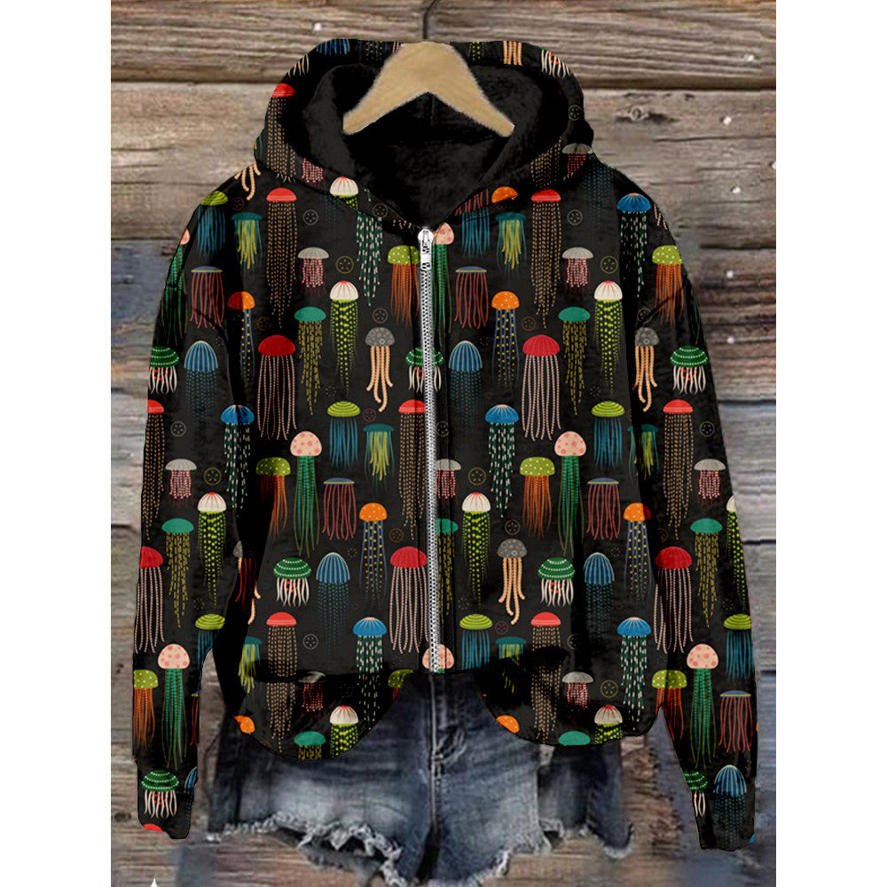 Colorful Jellyfish Art Graphic Cozy Zip Up Hoodie