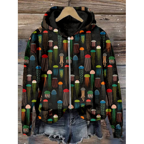 Colorful Jellyfish Art Graphic Cozy Zip Up Hoodie