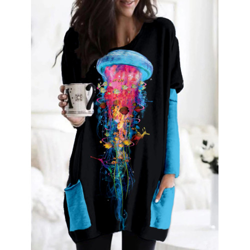 Colorful Jellyfish Art Patch Pocket Long Sleeve Tunic