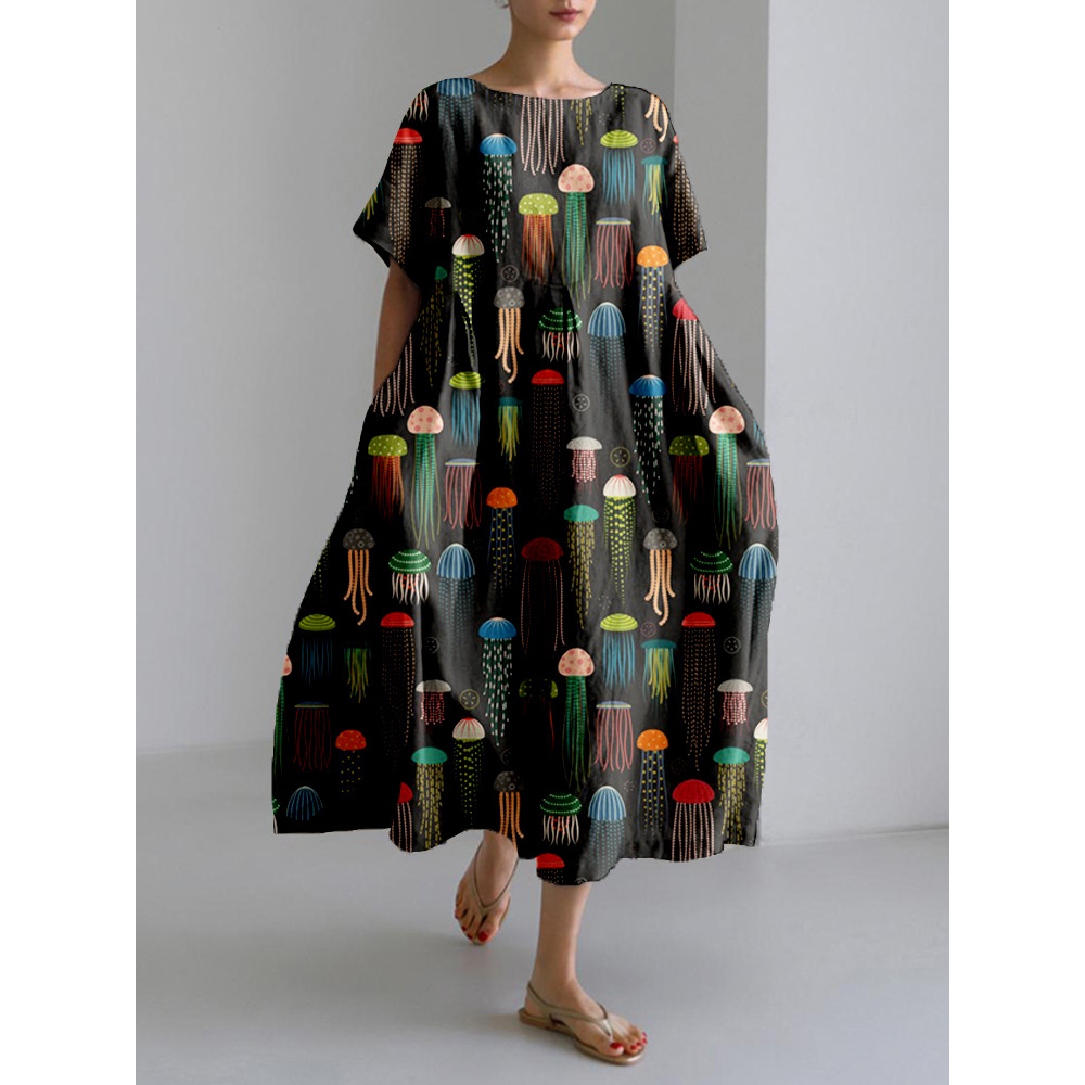 Colorful Jellyfish Art Pattern Linen Blend Maxi Dress