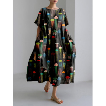 Colorful Jellyfish Art Pattern Linen Blend Maxi Dress