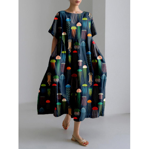 Colorful Jellyfish Art Pattern Linen Blend Maxi Dress