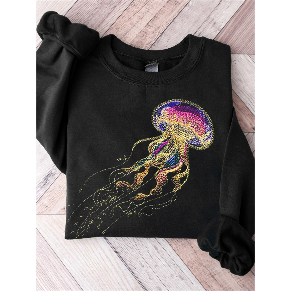 Colorful Jellyfish Embroidery Art Comfy Sweatshirt