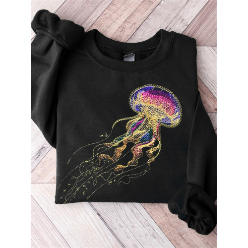 Colorful Jellyfish Embroidery Art Comfy Sweatshirt