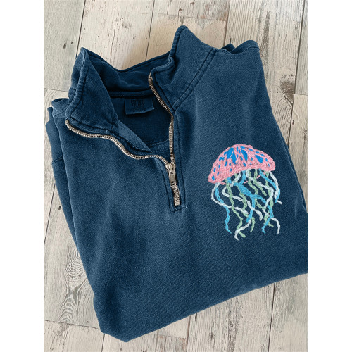 Colorful Jellyfish Embroidery Art Zip Up Sweatshirt