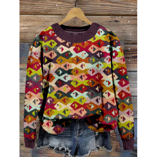 Colorful Knit Fish Pattern Crew Neck Cozy Sweater