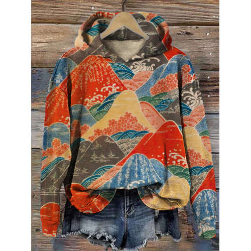 Colorful Mountains Landscape Japanese Art Cozy Hoodie