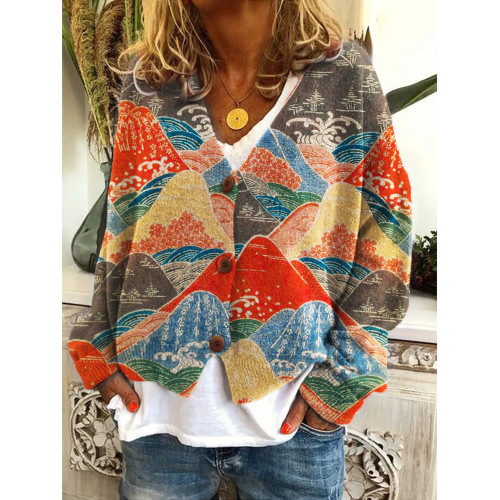Colorful Mountains Landscape Japanese Pattern Cozy Knit Cardigan