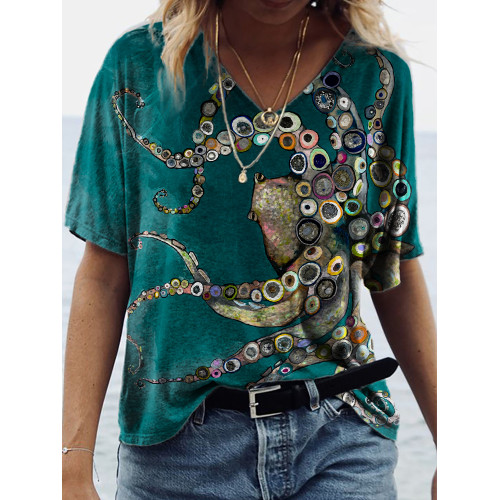Colorful Octopus Oil Painting V Neck T Shirt