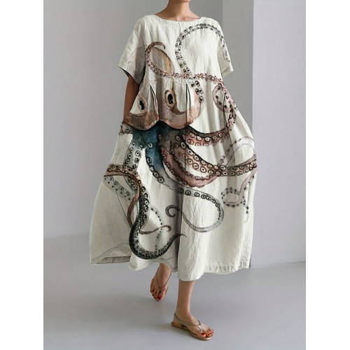 Colorful Octopus Watercolor Linen Blend Maxi Dress