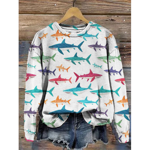 Colorful Shark Faux Embroidery Cozy Sweatshirt