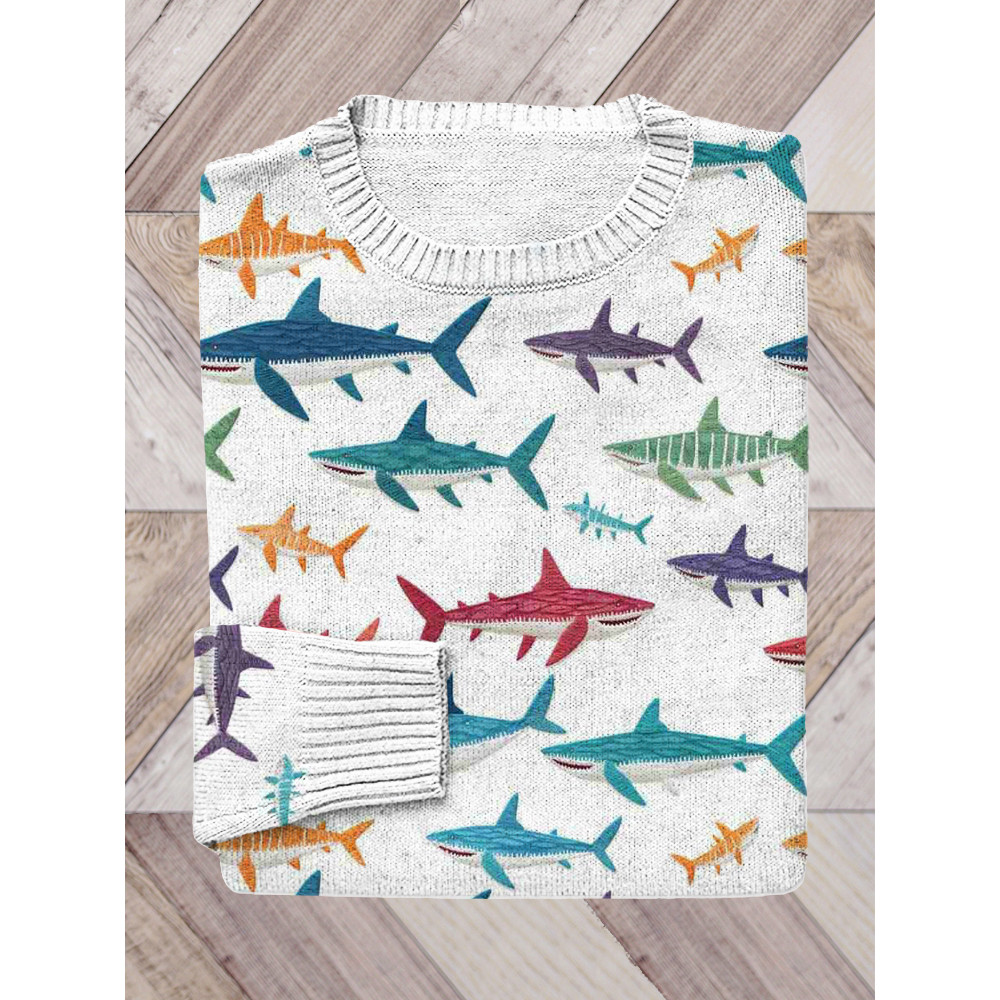 Colorful Shark Faux Embroidery Knit Sweater