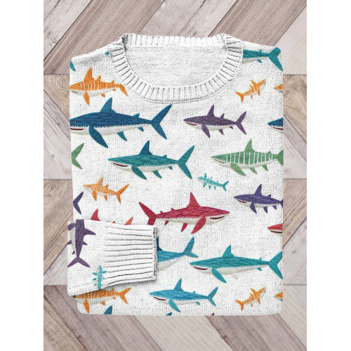 Colorful Shark Faux Embroidery Knit Sweater