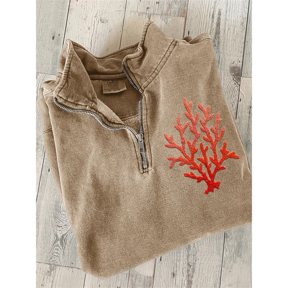 Coral Embroidery Art Zip Up Sweatshirt