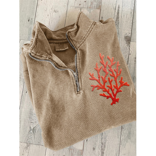 Coral Embroidery Art Zip Up Sweatshirt