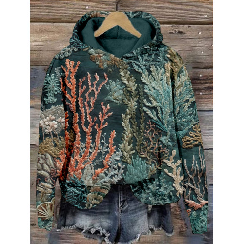 Coral Reef Ocean Embroidery Art Comfy Hoodie