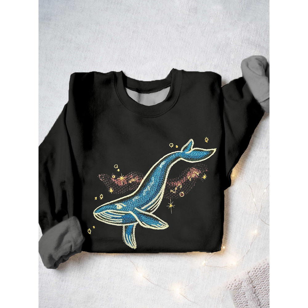Cosmic Whale Embroidered Art Casual Cozy Sweatshirt