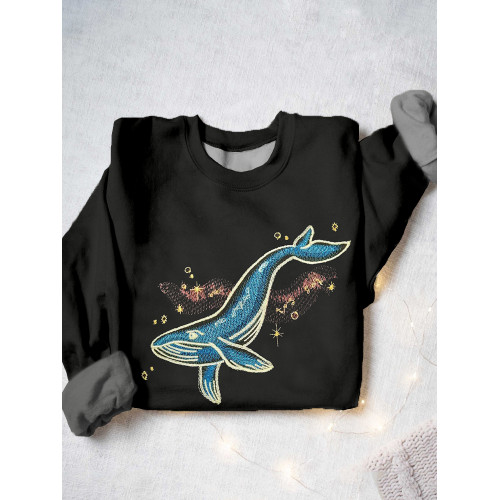Cosmic Whale Embroidered Art Casual Cozy Sweatshirt