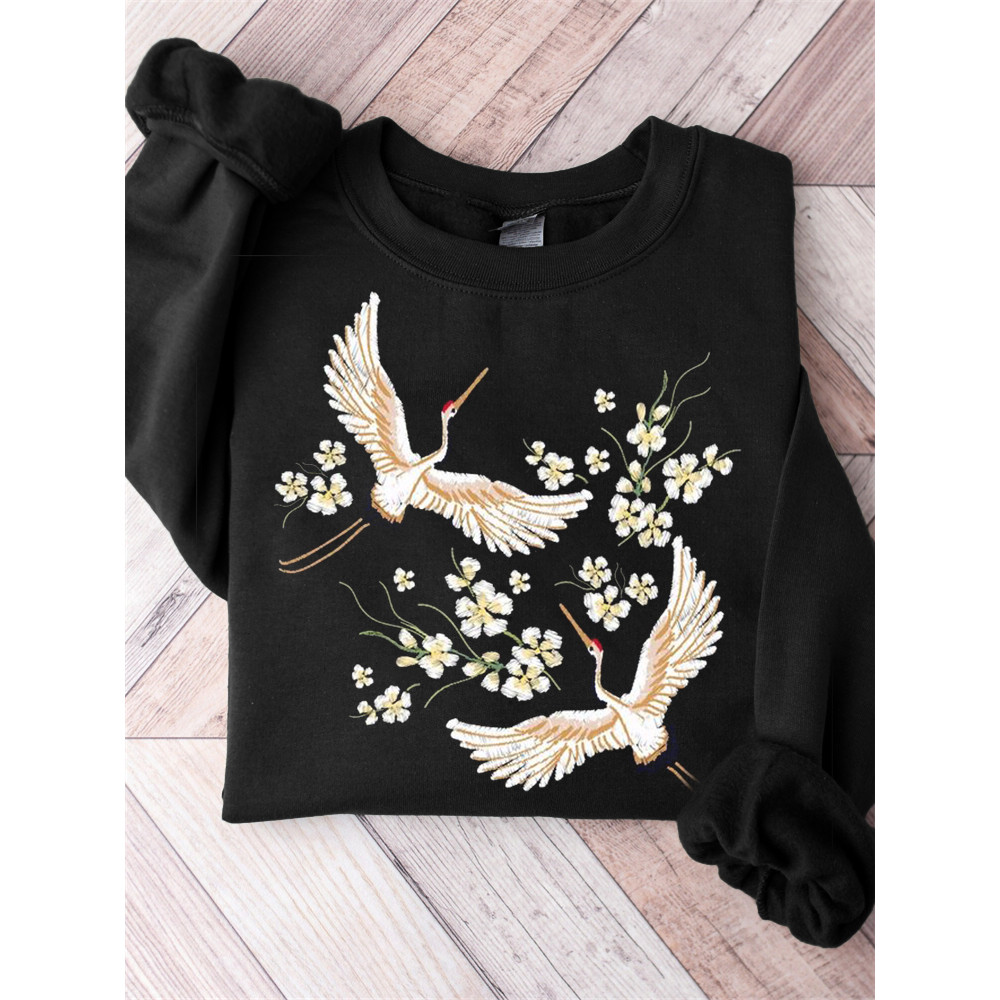 Cranes & Flowers Japanese Embroidery Art Sweatshirt