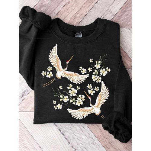 Cranes & Flowers Japanese Embroidery Art Sweatshirt