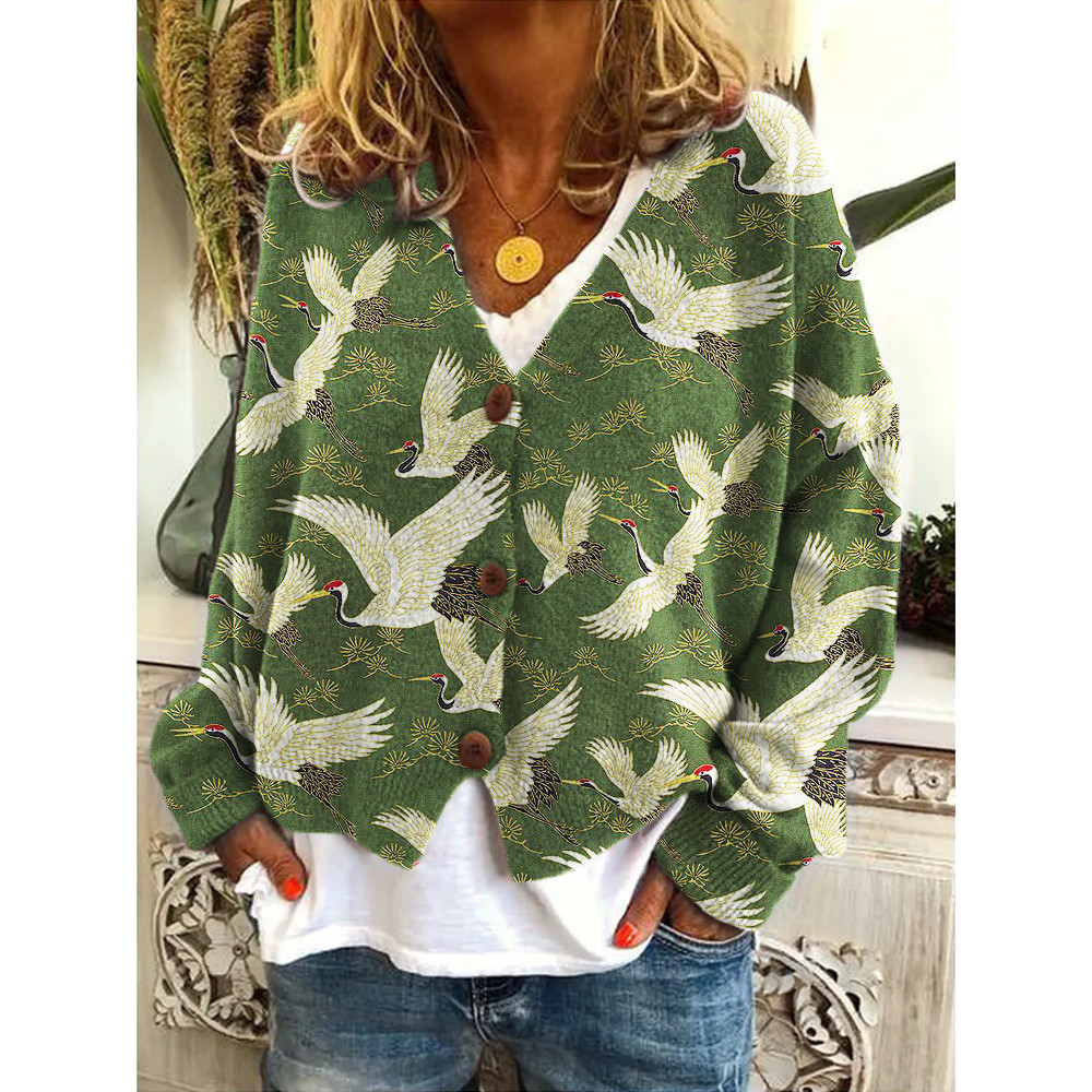 Cranes & Pine Trees Japanese Traditional Pattern Cozy Knit Cardigan