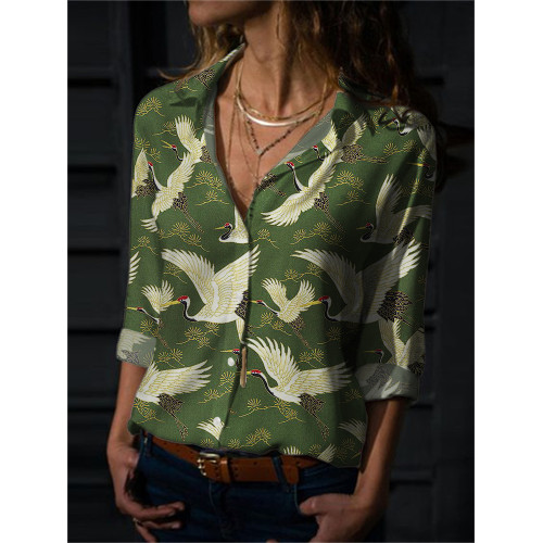 Cranes & Pine Trees Japanese Traditional Pattern Flowy Blouse