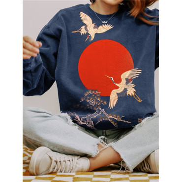 Cranes & Sunrise Japanese Art Vintage Washed Sweatshirt