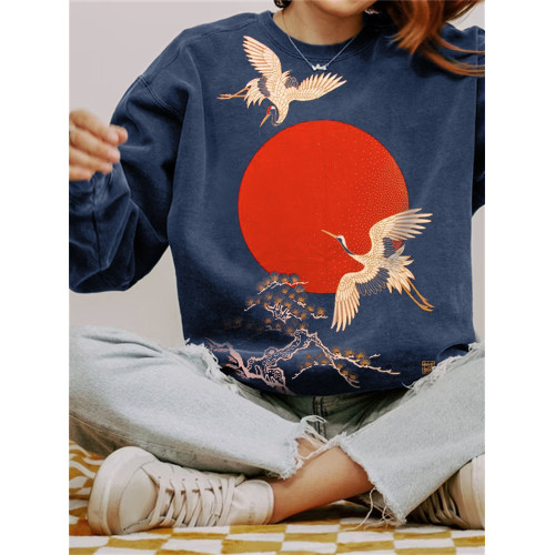 Cranes & Sunrise Japanese Art Vintage Washed Sweatshirt