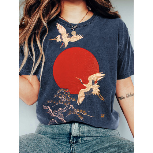 Cranes & Sunrise Japanese Art Vintage Washed T Shirt