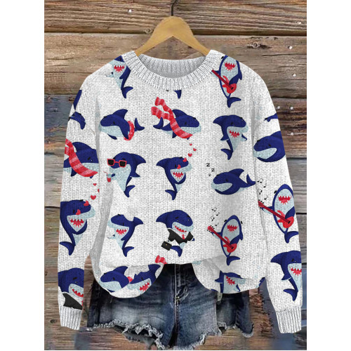 Cute Cold Shark Print Cozy Knit Sweater