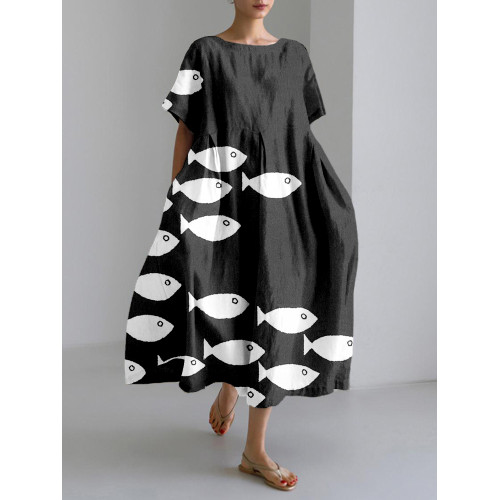 Cute Fish Art Linen Blend Cozy Maxi Dress