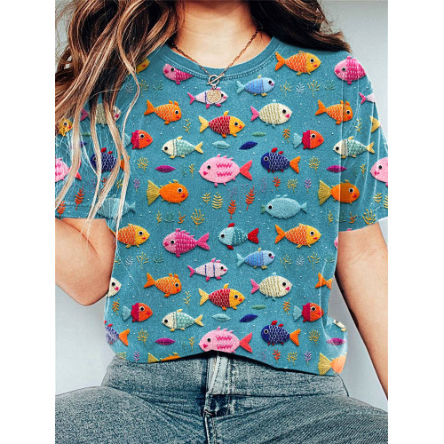 Cute Fish Embroidery Pattern Casual T-Shirt